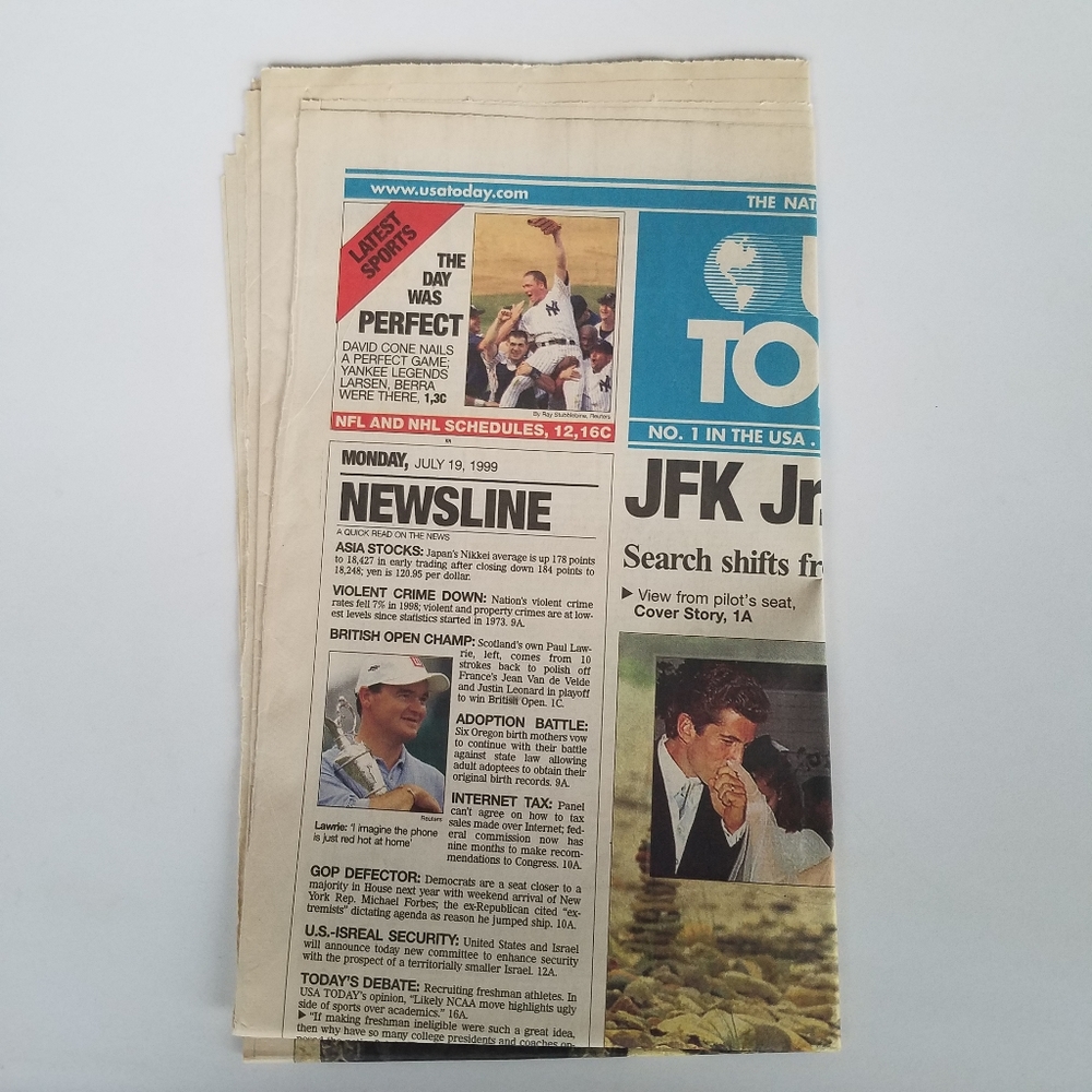 Newspaper USA Today JFK Jr and Wife Likely Dead July 19 1999 Tub11